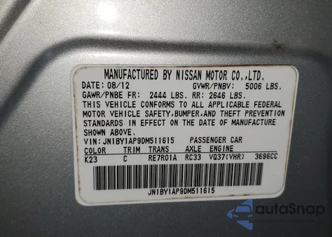 2013 Infiniti M37 z USA, uszkodzony, nr VIN JN1BY1AP9DM511615